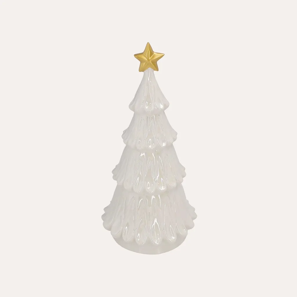 Décoration de Noël : Sapin en Céramique Blanche et Or, Hauteur 31 cm