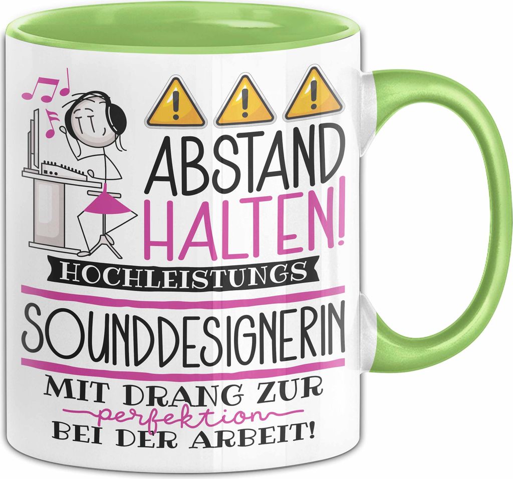 Sounddesignerin Tasse Geschenk Lustig Abstand Halten Hochleistungs-Sounddesignerin Mit Drang Zur Perfektion Bei Der Arbeit (Grün)