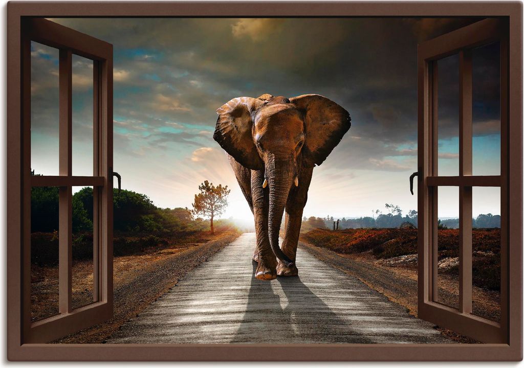 ARTland Leinwandbild Elefant auf Straße - braunes Fenster Größe: 100x70 cm
