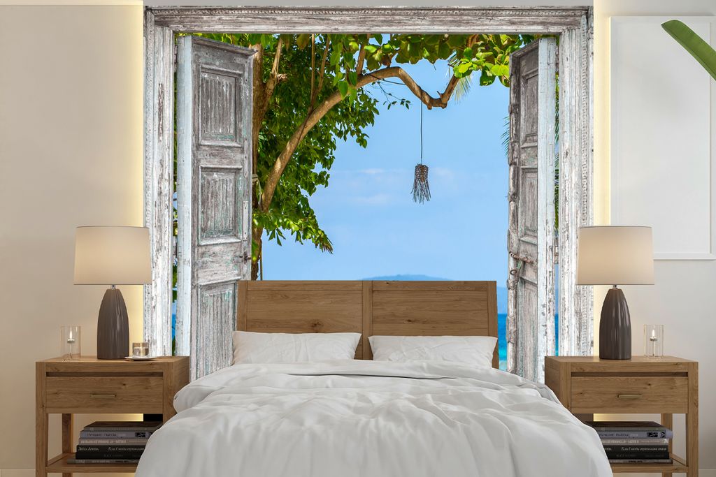 MuchoWow Fototapete für Wohnzimmer oder Schlafzimmer Wandtapete Vinyl Motivtapete Strand - Tropen - Meer - Blick - 350x350 cm - Schlafzimmertapete