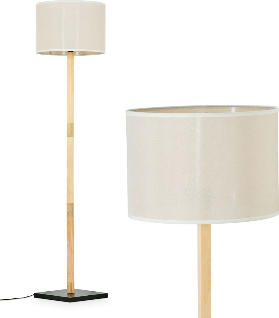 Schiavonea Boho Stehlampe aus Holz/Metall/Stoff in Naturfarben/Schwarz/Beige/Weiß