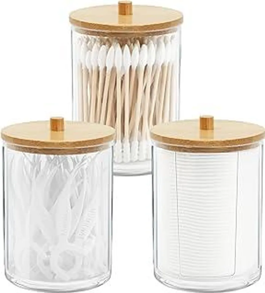 Gukasxi 3 pezzi porta Cotone fioc in acrilico con coperchio in bambù, contenitori da bagno, barattoli, dispenser, Cotone fioc, porta dischetti per riporre gli oggetti da bagno, organizer (Clear A)