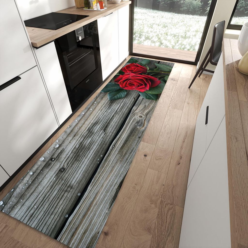 Küchenteppich 80x300cm rutschfest & abwischbar PVC Läufer - Romantische Rosenherzen