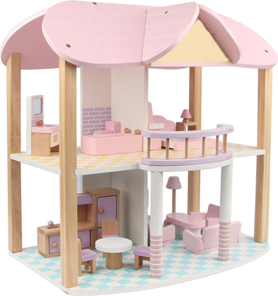 Aga4Kids Geräumiges, zweistöckiges und elegantes Puppenhaus für kleinere Puppen in Pastellfarben