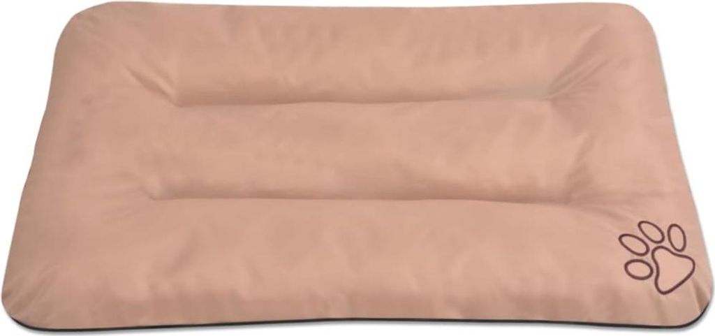 A beige dog bed with a paw print logo.