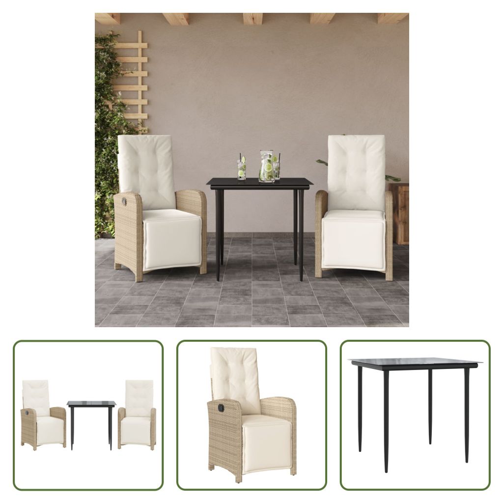 The Living Store 3-tlg. Bistro-Set mit Kissen Beige Poly Rattan