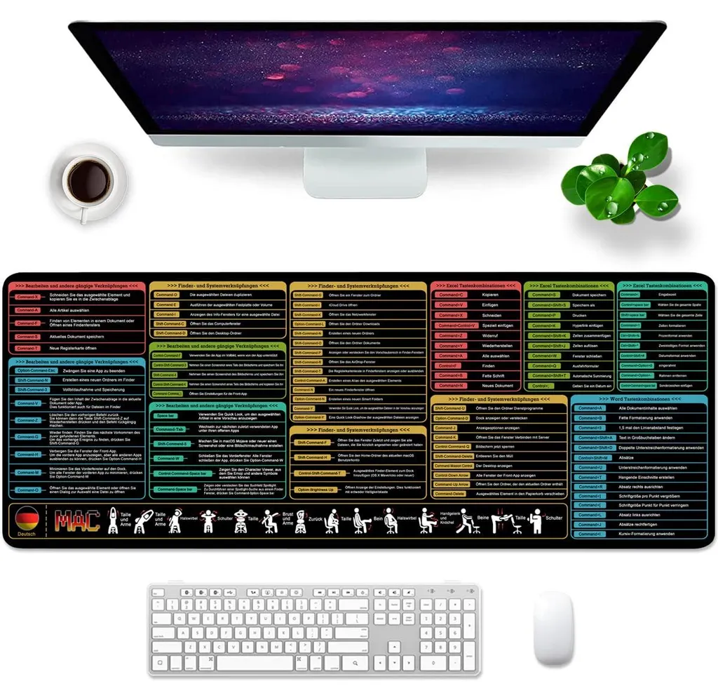 Tapis de souris Mac XL avec raccourcis clavier allemands de 80x30 cm