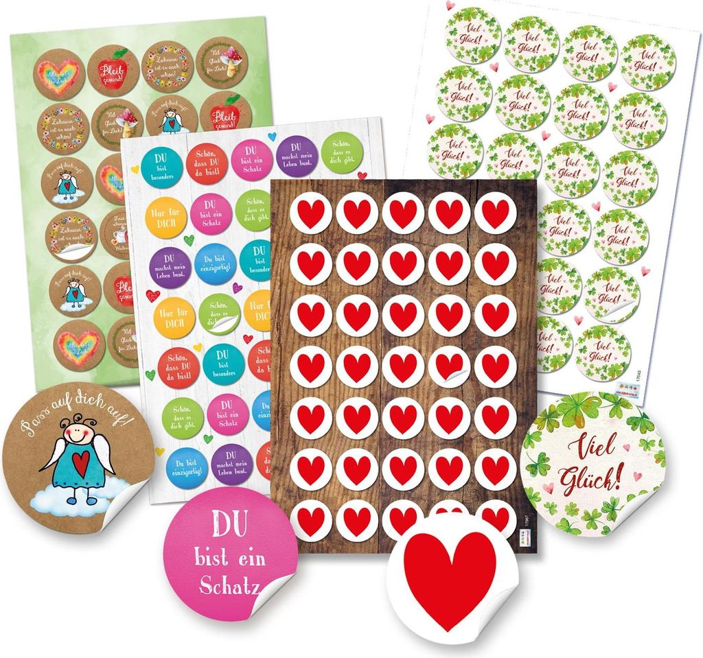 Aufkleber Set - 118 bunte Sticker - Viel Glück - Bleib Gesund - Herzen Sprücheaufkleber