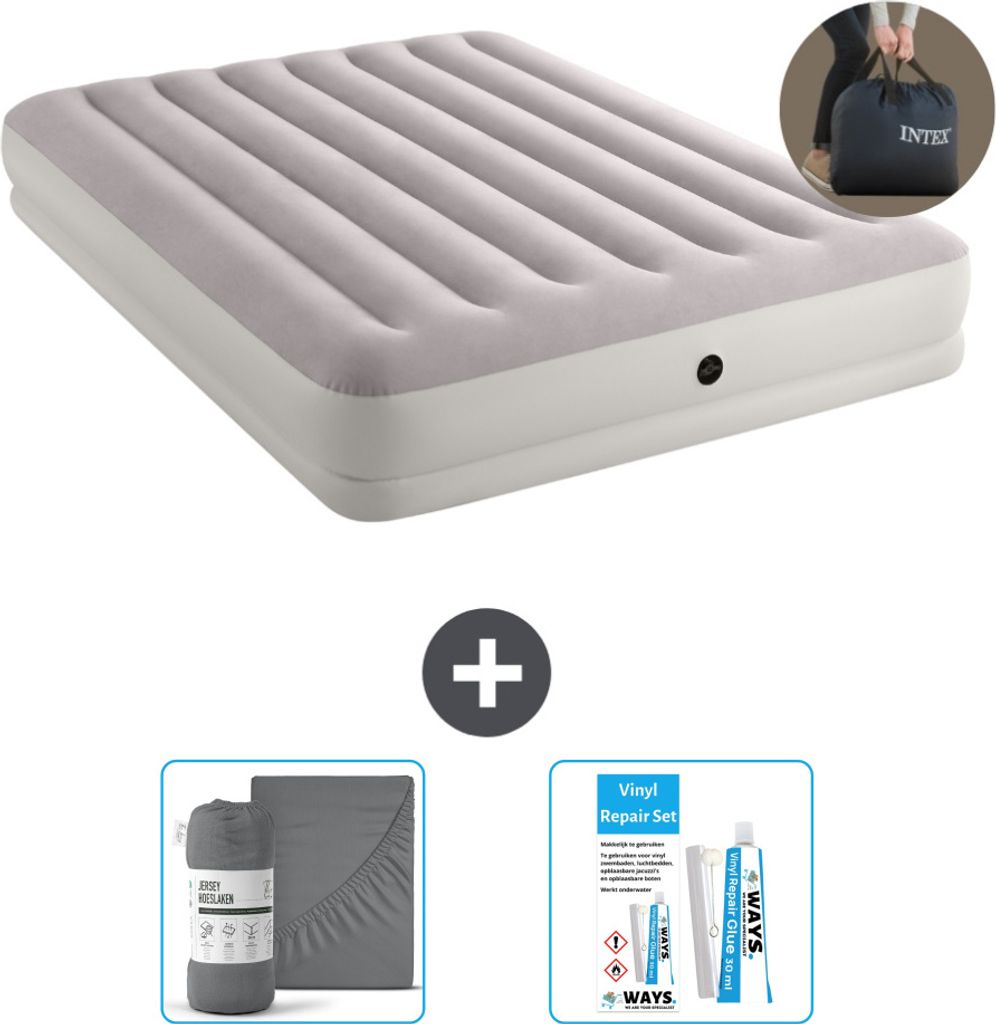 Intex Luftbett - 2 Personen - 152 x 203 x 30 cm - Grau - Inklusive Pumpe - Spannbettuch en Reperaturset