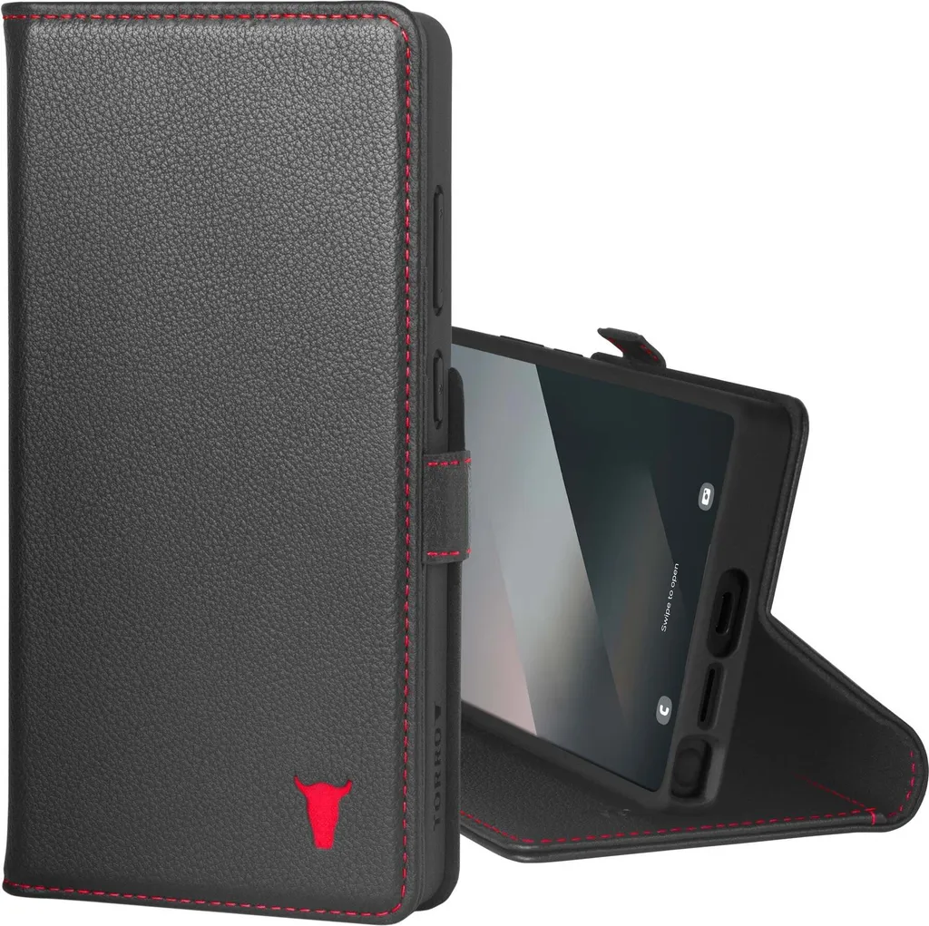 Custodia a Libro S25 Ultra TORRO | Vera Pelle Cucita a Mano Nero Rosso