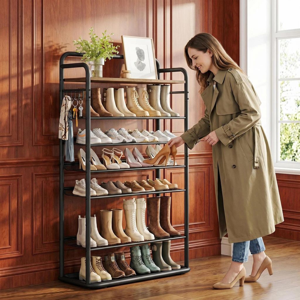 8-Stöckiges Schuhregal, 80 cm, 5 Haken, Schuhabtropfschale Produktbild 