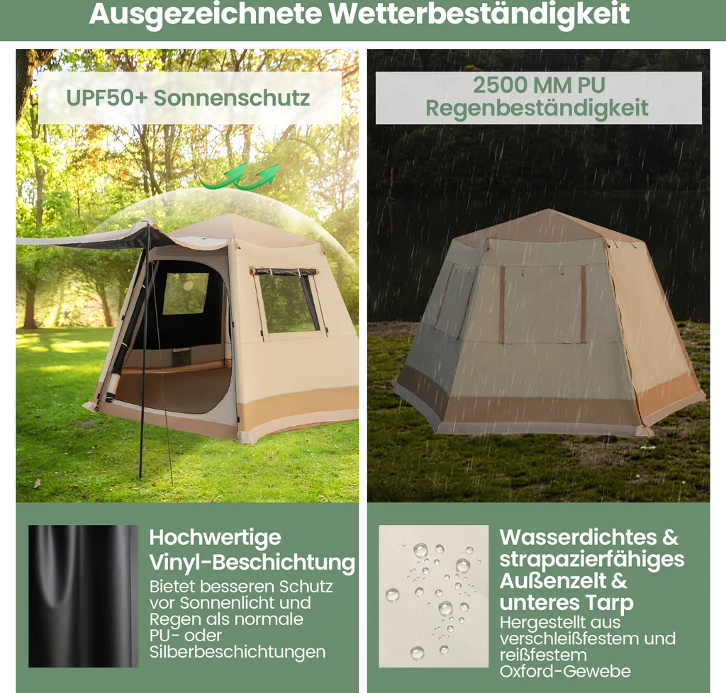 Tente Tunnel Imperméable 2500mm avec Tapis de Sol Cousu et Grand Auvent