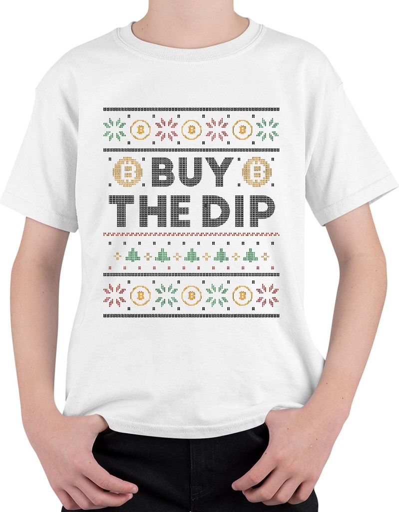 Bitcoin BUY THE DIP - Ugly Christmas Sweater Crypto Weihnachtsgeschenk Uni Kinder T-Shirt, Weiß, 140