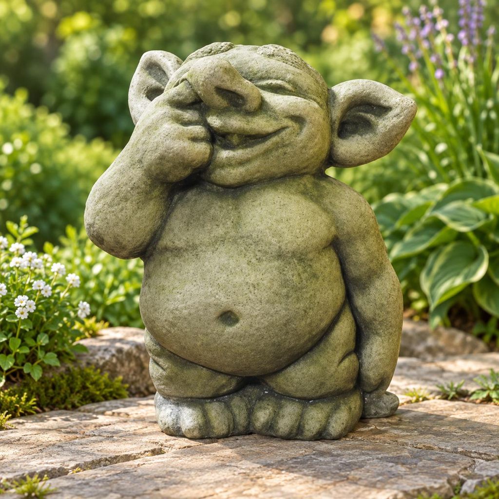 Steinguss Deko Gartenfigur Troll mit Finger in Nase Produktbild 