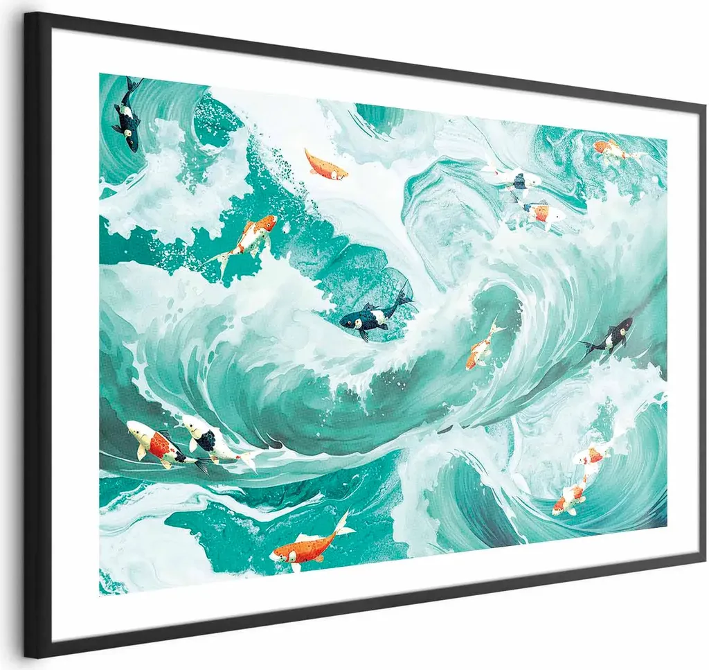 Poster con pesci e onde 60x40 cm con cornice nera con margine