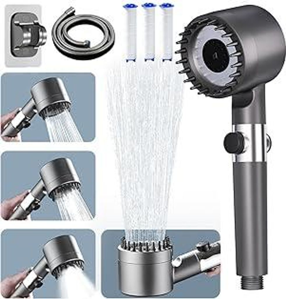 Duschkopf mit Filter, Hochdruck Handbrause mit Schlauch, 4 Strahlarten Duschkopf Wassersparend mit Filtration, shower head für Hartes Wasser,Rest-...