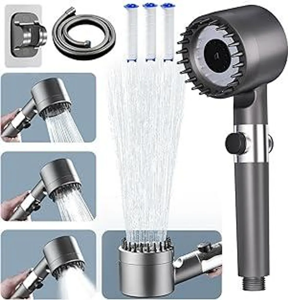 Soffione doccia con filtro, doccetta ad alta pressione con tubo flessibile, 4 tipi di getto Soffione doccia a risparmio idrico con filtrazione, soffione doccia per acqua dura, cloro residuo, batteri, metalli pesanti, grigiore