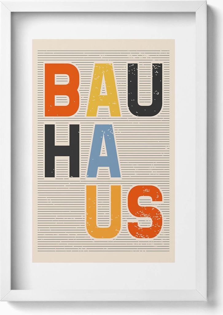 Modernistische bunte Aufschrift „Bauhaus“– Wandbild mit Rahmen – Gerahmtes Bild – Wanddekoration – 40x60 cm – Weiß