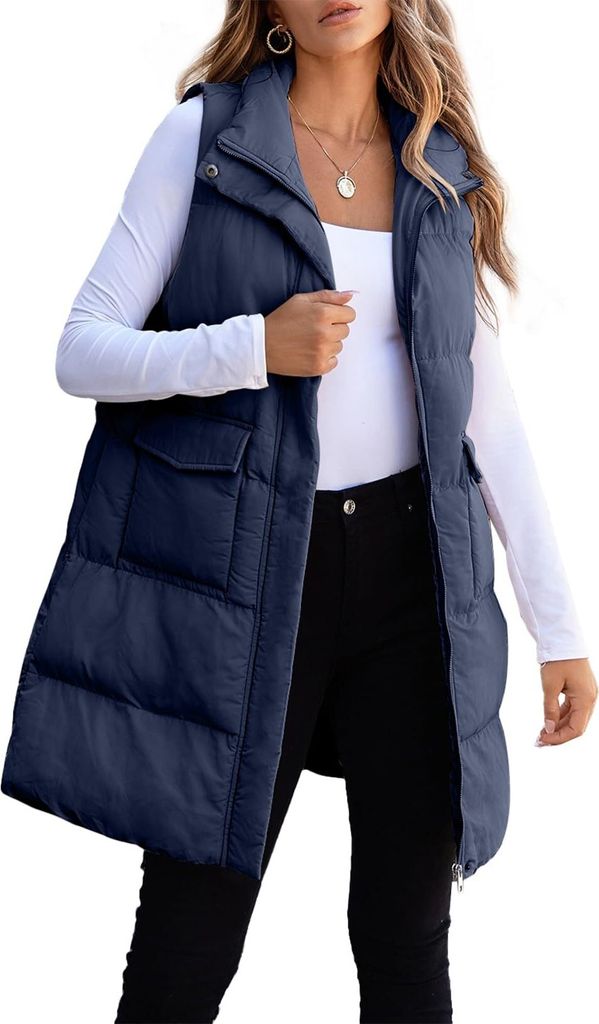 ASKSA Damen Weste aermellose Daunenweste Winter Lange Steppweste Warm Leichte Outdoor Loose Winterjacke Laessig Mantel (Dunkelblau,2XL)