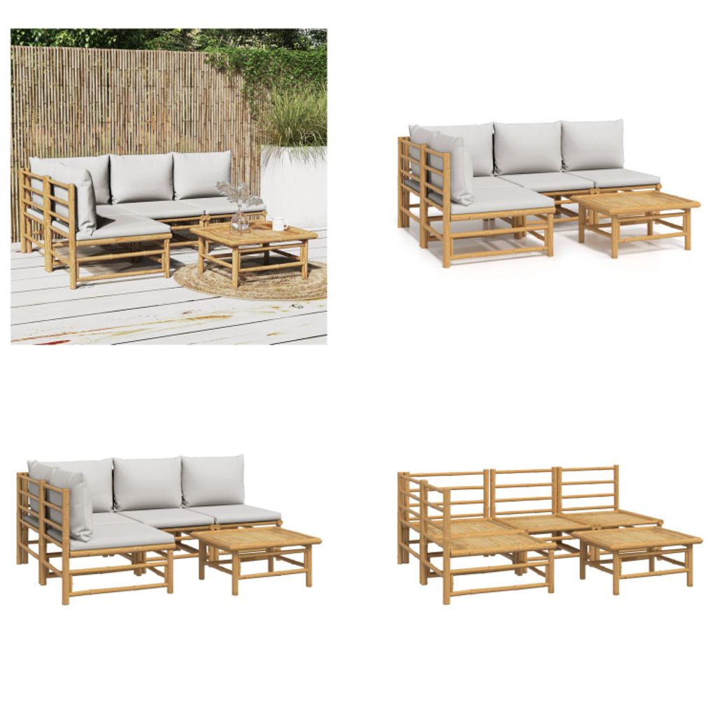 vidaXL 5 tlg. Garten Lounge Set mit Hellgrauen Kissen Bambus - Garten Lounge Set - Garten Lounge Sets - Lounge Set - Gartenmöbel Set
