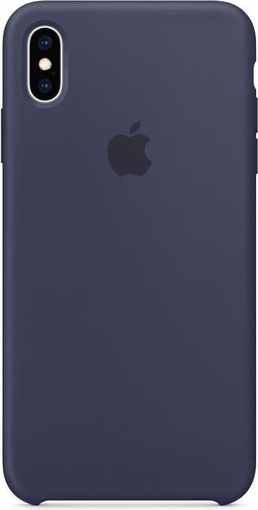 The back of a blue iPhone case with the Apple logo.