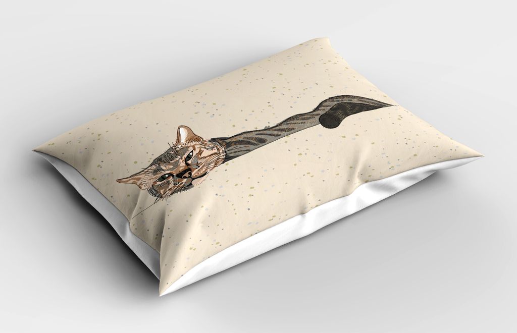 ABAKUHAUS Katze Kopfkissenbezug, Skizze Grunge Design Schläfriges Tier Freundlicher Art Cartoon Stil Grafik Muster, 40x80 cm, Beige Grau