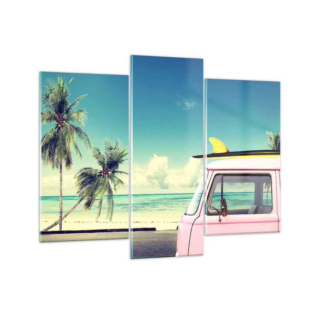 Bilder auf glas - Auto Surfbrett Strand Ozean - 130x100cm - Glasbilder - Wandbilder - Kunstdruck - zum Aufhängen bereit - Wanddekoration aus Glas ...