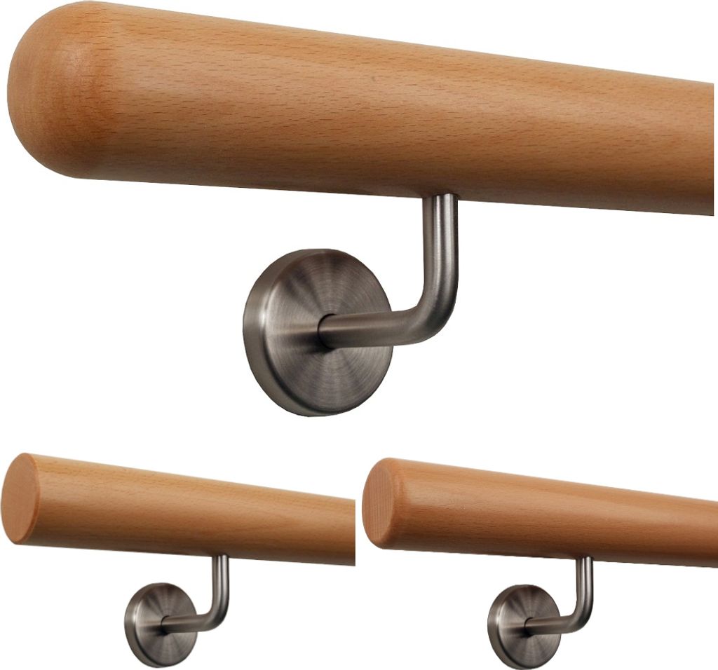 TIBU Handlauf Holz Buche Ø 50 mm Geländer Treppe 0,3m - 5m, Länge 420 cm und Enden Halbkugel gefräst