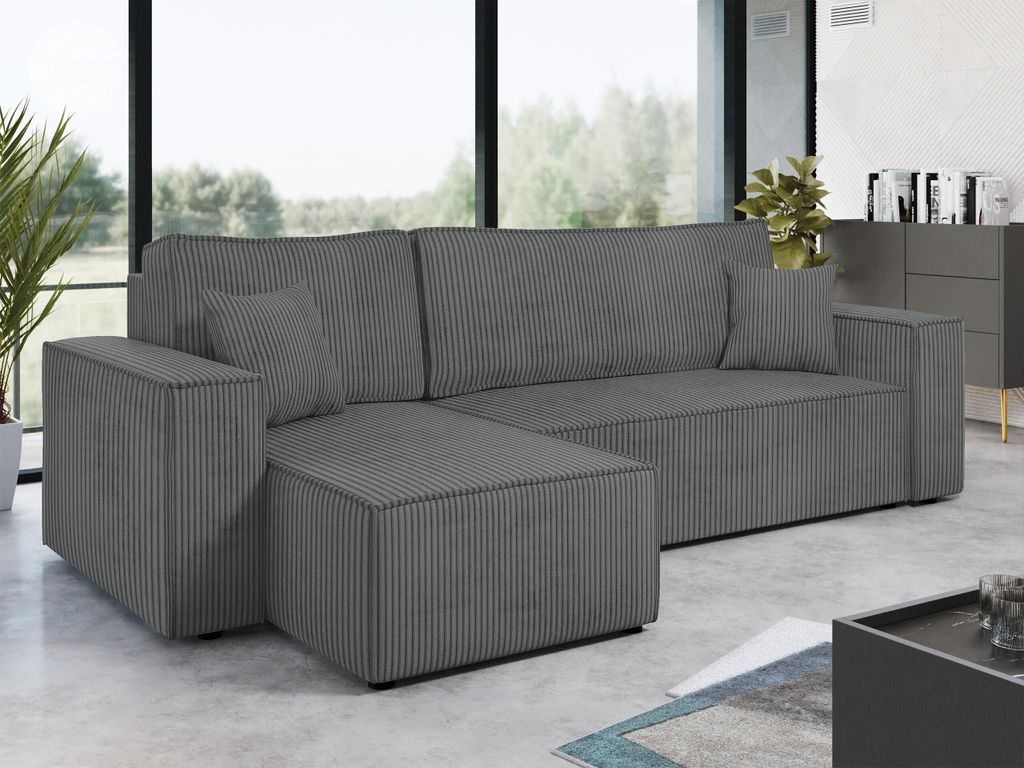 MIRJAN24 Ecksofa Karl Cord mit Bettkasten und Schlaffunktion, Seite universal, Rückenlehne in Form beweglicher Kissen (Farbe: Poso 22)