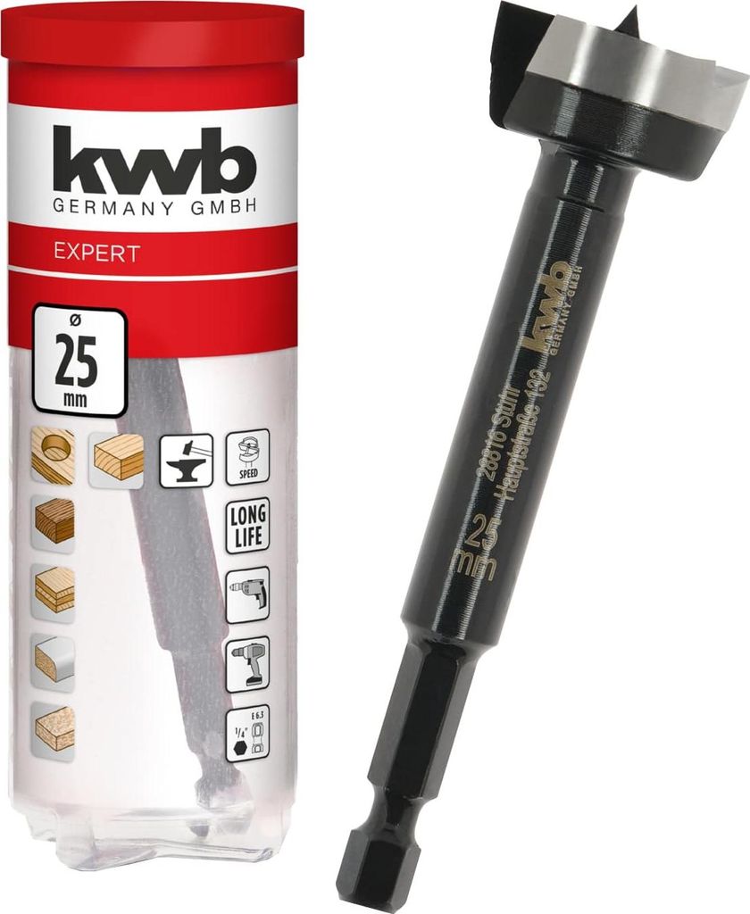 kwb Forstnerbohrer, Ø 25 mm, Topfbohrer (für Holz, geschmiedeter Bohrkopf, Spezialanschliff, schnelle, ausrissfreie Bohrlöcher, 4-seitig geschli...