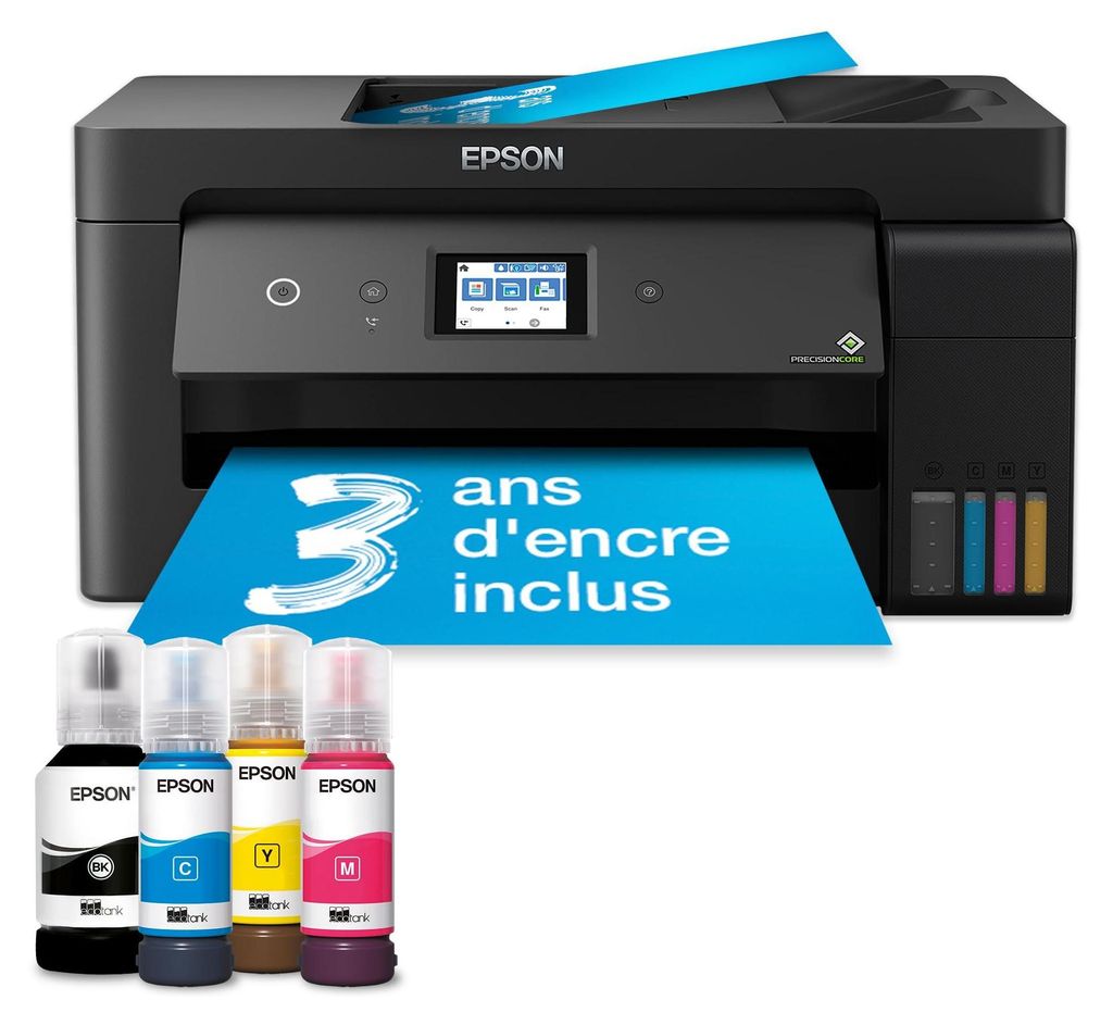 A black Epson EcoTank printer with ink bottles in the foreground and a blue banner indicating "3 ans d'encre inclus" (3 years of ink included).