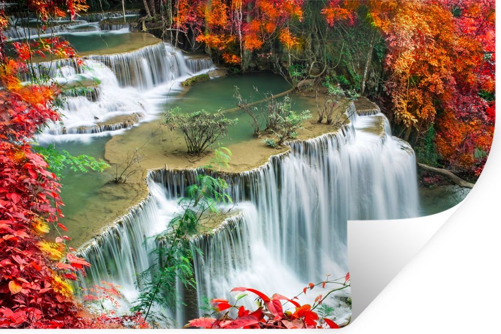 MuchoWow Wandtattoo Wandsticker Wandaufkleber Bäume - Wasserfall - Herbst - Natur 60x40 cm Selbstklebend und Repositionierbar - Wierderverwendba...