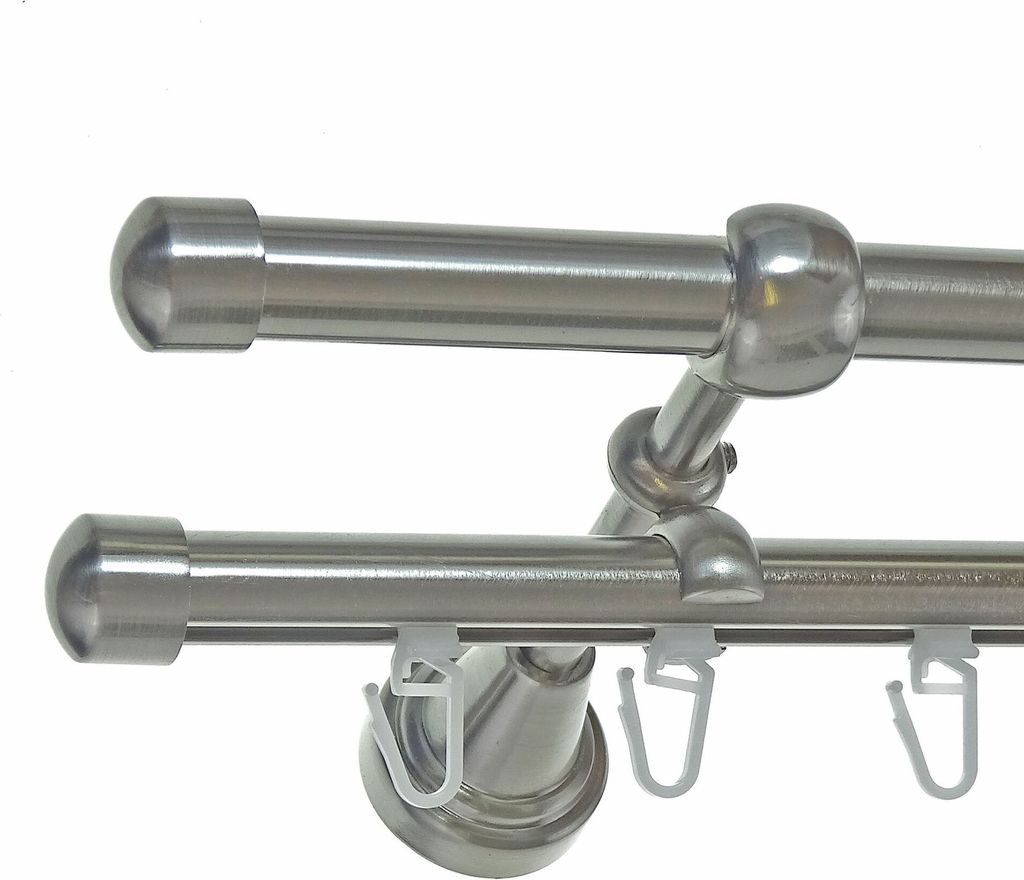 Gardinenstange Rohr und Innenlauf Edelstahl Look, Metall, Durchmesser 16mm, Wandträger H14RI, 2-läufig, Länge 180, Endkappe E17