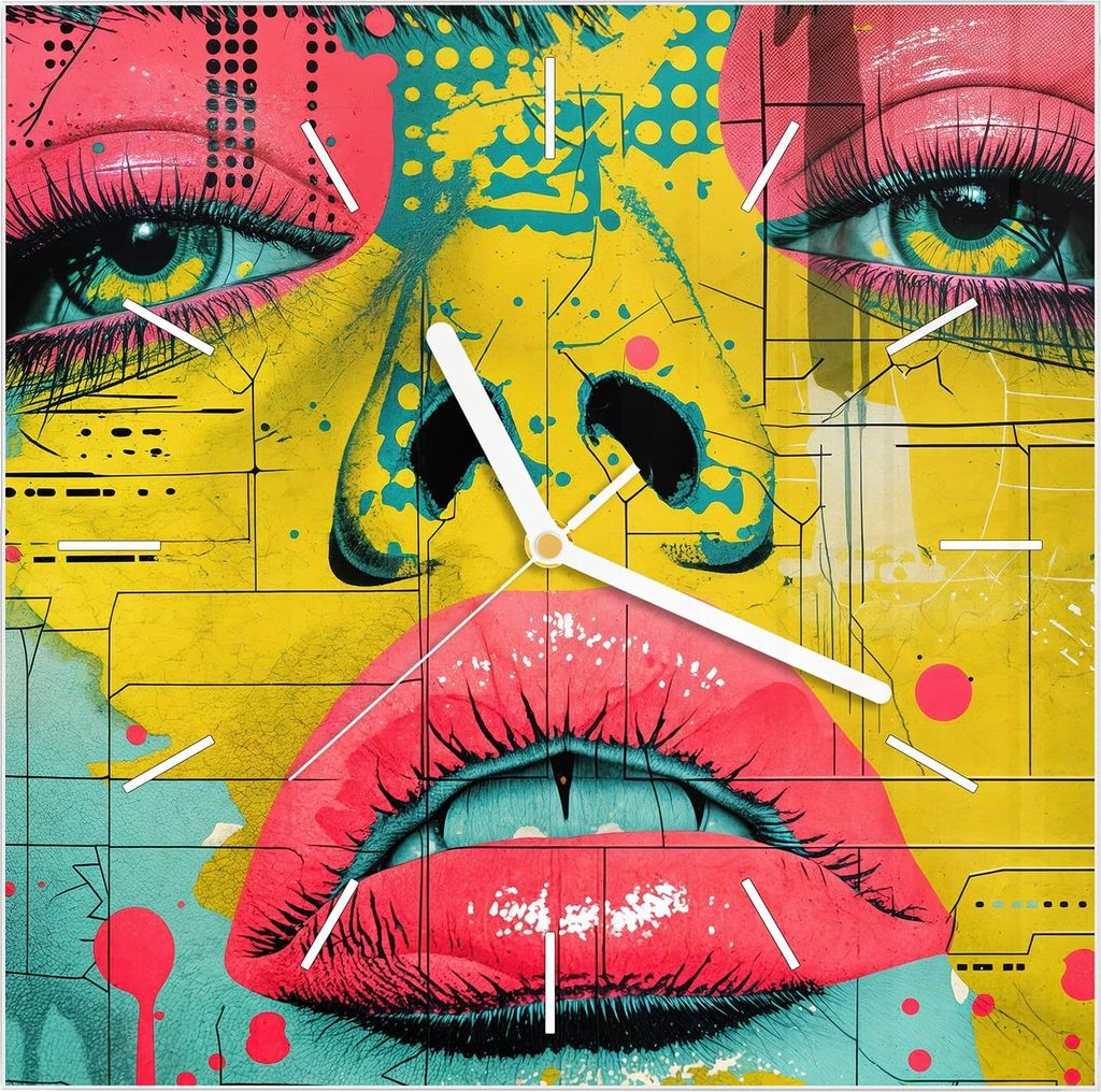 Wanduhr aus Glas mit Motiv Portrait Pop Art- 30 x 30 cm - inkl. Aufhängesystem