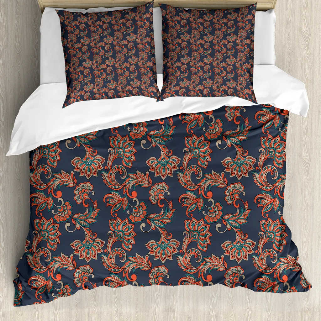ABAKUHAUS Copripiumino etnico, motivo floreale orientale, antiacaro, adatto a chi soffre di allergie, con federe, 155 cm x 220 cm - 80 x 80 cm, blu scuro, grigio, vermiglio