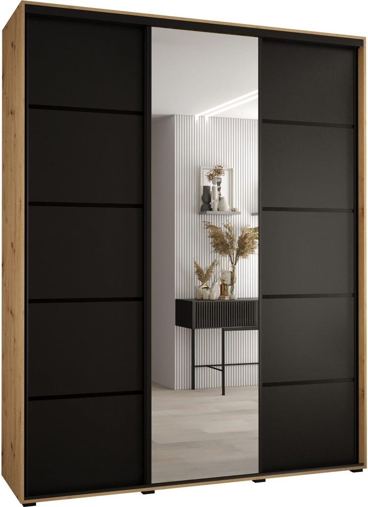 MEBLE KRYSPOL Cannes 5 Schrank mit 3 Schiebetüren - 205,2x200x45 cm - Artisan Schwarz Schwarz