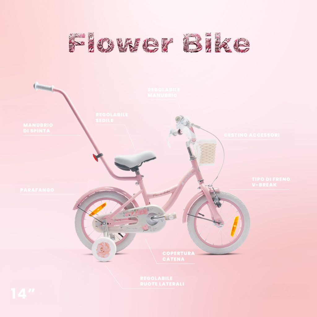 Bicicletta per bambini 14 pollici 3-5 anni Flower bike rosa Immagine del prodotto 