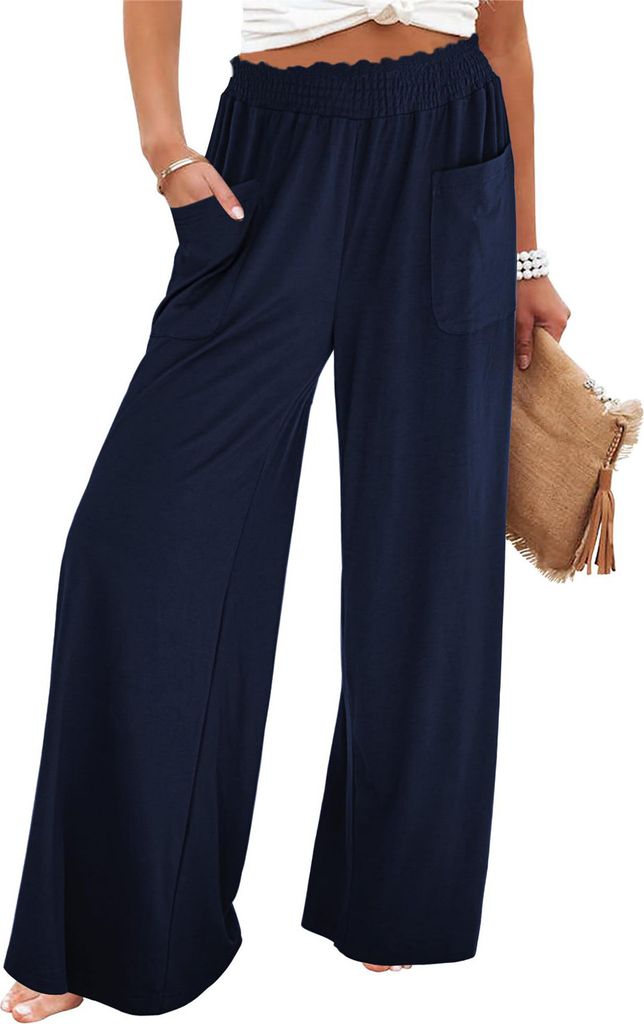 ASKSA Damen Weite Bein Hose Hohe Taille Palazzo Sommerhose Einfarbig Lockere Elegante Strandhose Freizeithose mit Taschen (Dunkelblau,M)
