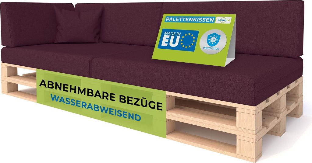 Pillows24 - Palettenkissen mit abnehmbarem Bezug - 6ER SET | Polster für Europaletten 120x80 Sofa - Wasserfest - Outdoor/Indoor | Pflaume