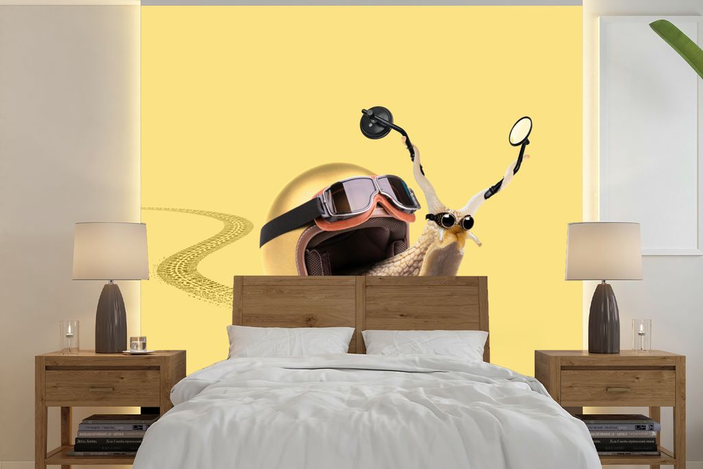 MuchoWow Fototapete für Wohnzimmer oder Schlafzimmer Wandtapete Vinyl Motivtapete Schnecke - Tiere - Helm - Gelb - Spiegel - 350x350 cm - Schlaf...