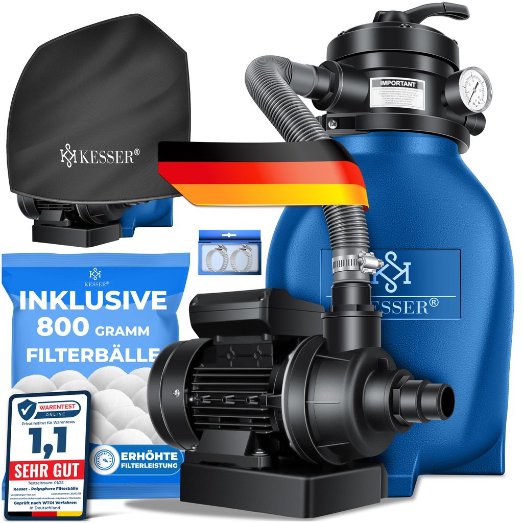 KESSER Sandfilter Sandfilteranlage + 800g Filterbälle ersetzen 25kg Filtersand- Poolfilter 10 m³/h Filteranlage Filterkessel für Pool Schwimmb...