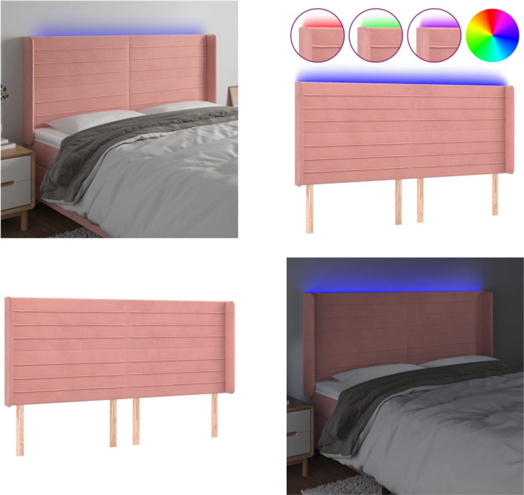vidaXL LED Kopfteil Rosa 203x16x118/128 cm Samt - LED Kopfteil - LED Kopfteile - Kopfteil - Bett-Kopfteil
