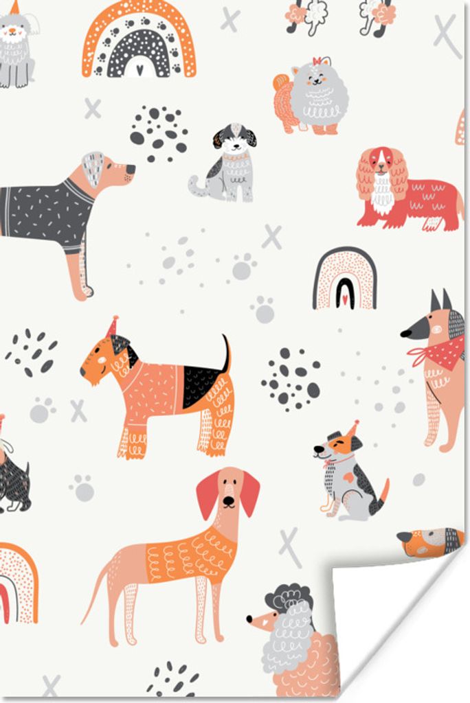 MuchoWow Poster Hund Illustration mit verschiedenen Arten von Hunden gegen einen weißen Hintergrund 40x60 cm - Plakate für die Wand - Poster Ba...