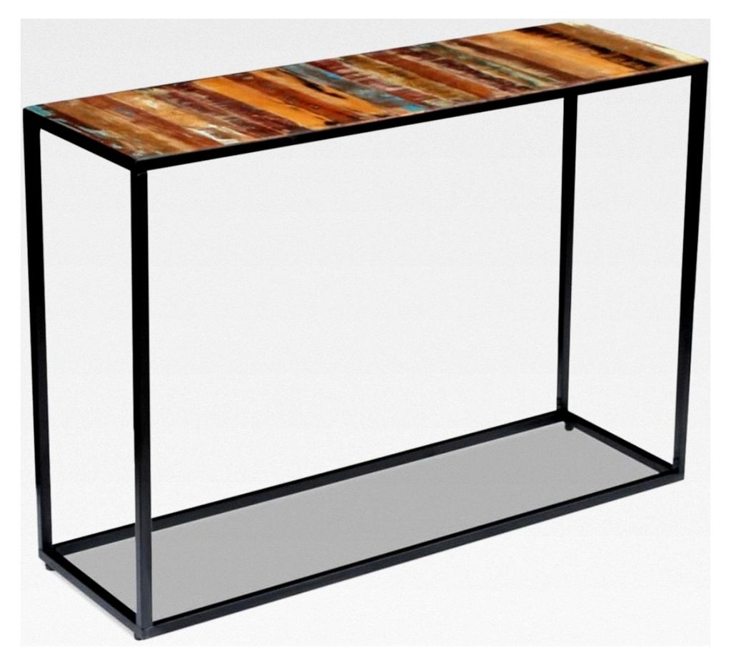 Konsolentisch aus Altholz, 110x35x76 cm, Mehrfarbig, Handgefertigt, Massiver Stahlrahmen, Rustikaler Beistelltisch für Wohnzimmer und Flur
