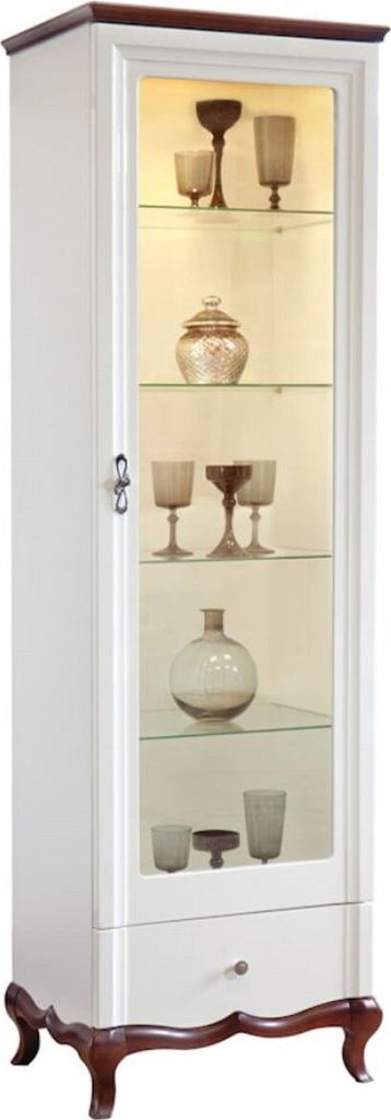 Casa Padrino Luxus Art Deco Vitrinenschrank Weiß / Dunkelbraun 64 x 46,5 x H. 209,5 cm - Beleuchteter Wohnzimmerschrank mit Glastür und Schublade...