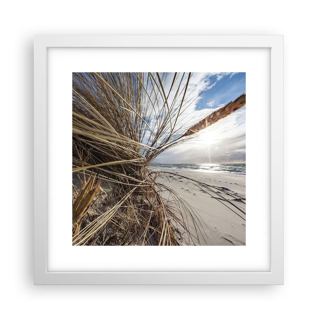 Gerahmtes Poster - Weißer Rahmen - Küste Perspektive Gras - 30x30 cm - Wand Bild - Wanddeko - Wandbilder - Kunstposter - Wandposter - Bilderrahme...