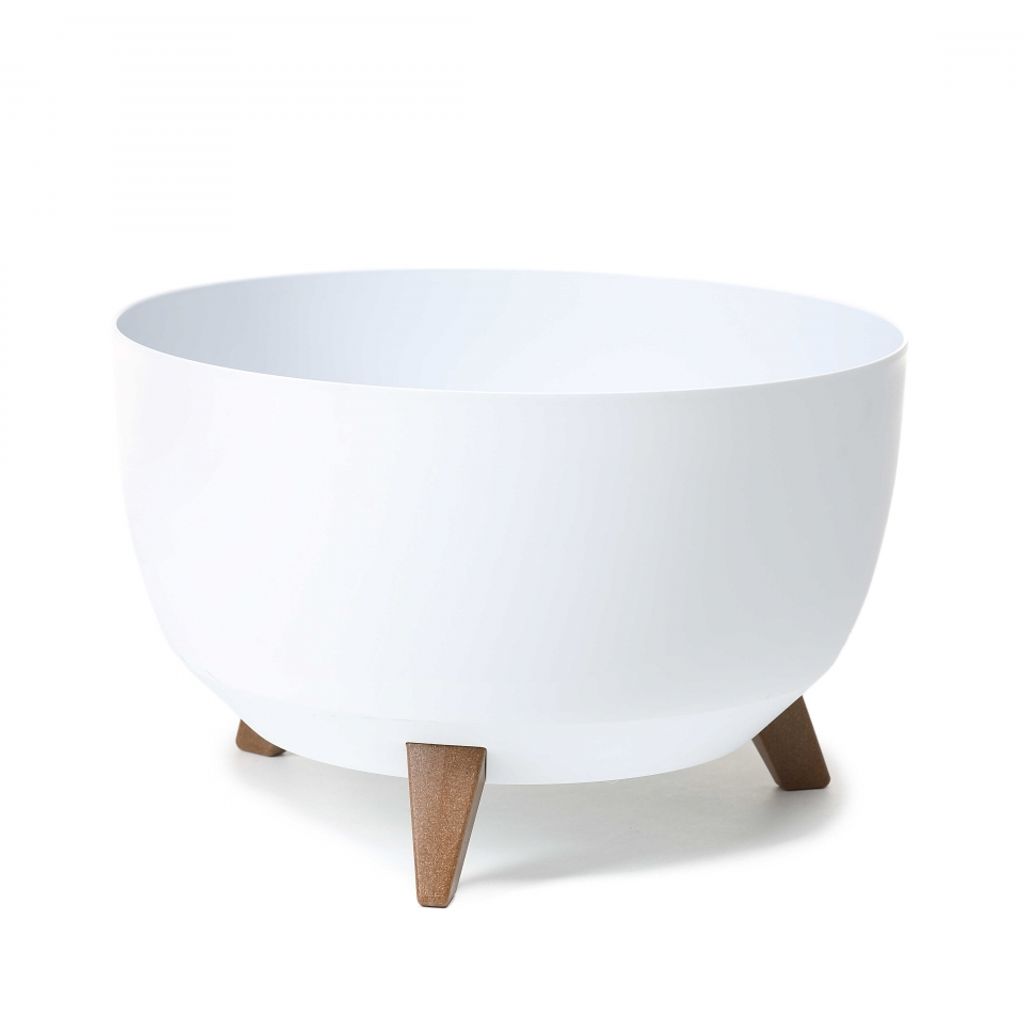 A white bowl-shaped planter with three wooden legs, shown against a white background.