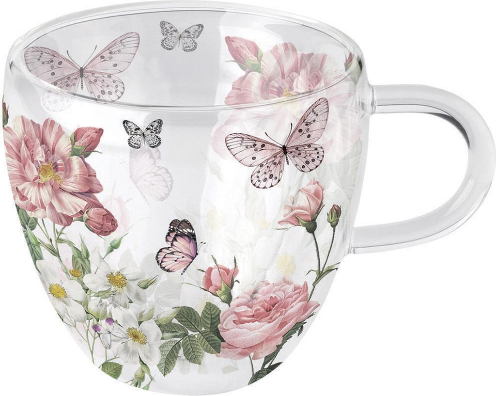 Tasse 10cm Glas doppelwandig 0,2L mit Rosen & Schmetterling Produktbild 