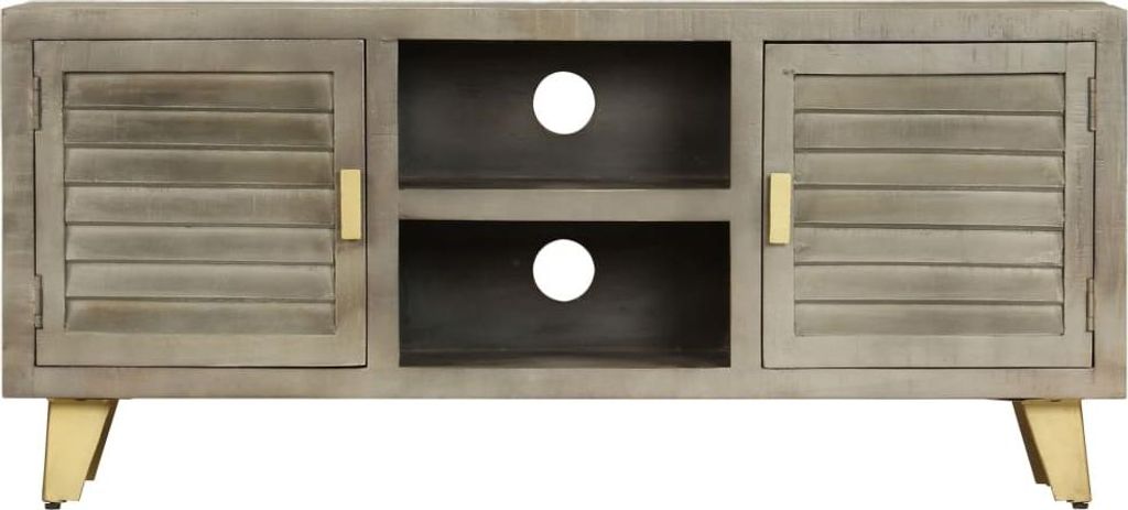 vidaXL TV-Schrank Massivholz Mango Grau mit Messing 110x30x48 cm