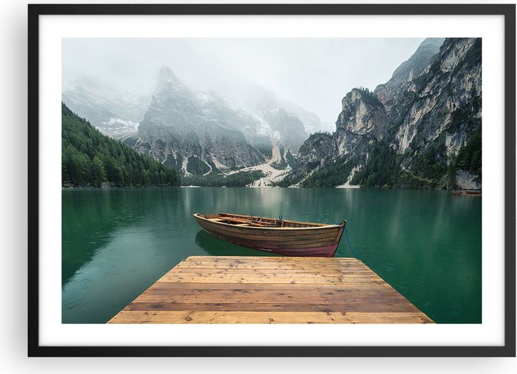 Gerahmtes Poster - Schwarzer Rahmen - Berge See Boot - 70x50 cm - Wand Bild - Wanddeko - Wandbilder - Kunstposter - Wandposter - Bilderrahmen - Bil...